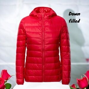 89TH & MADISON NWT LIGHT WEIGHT HOODED DOWN JACKET COAT RACING RED PACKABLE LG